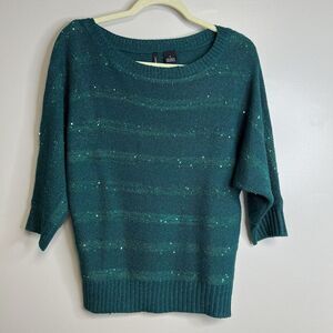 Womens New Directions Green Pullover Sweater Shiny Stripes Long Sleeve Small‎
